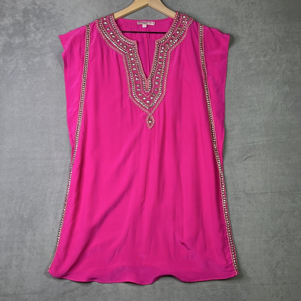 Calypso St. Barth Pink Silk Embellished Tunic Dress Women's XS Boho Resort Style
